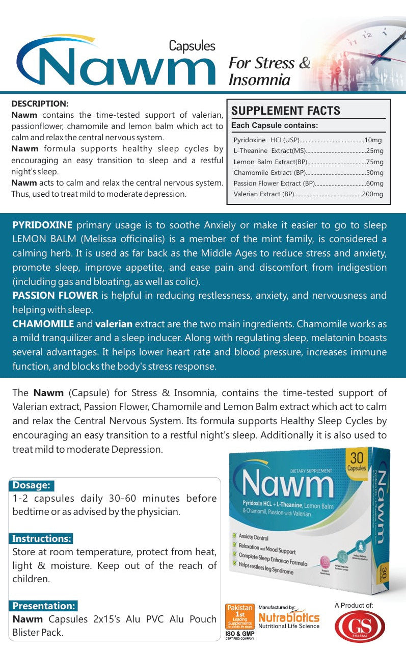 Nawm Capsules brochure — stress, insomnia and sleep formula