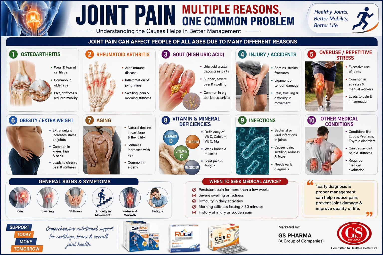 Joint Pain infographic — causes and Rucal bone health support