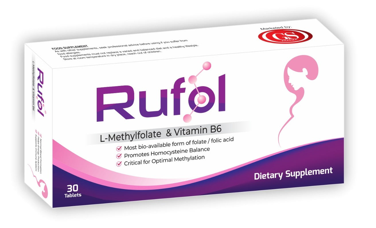 Rufol Tablets box — L-Methylfolate & Vitamin B6 dietary supplement