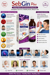 Sebgin Plus Syrup benefits infographic — memory, circulation, tinnitus