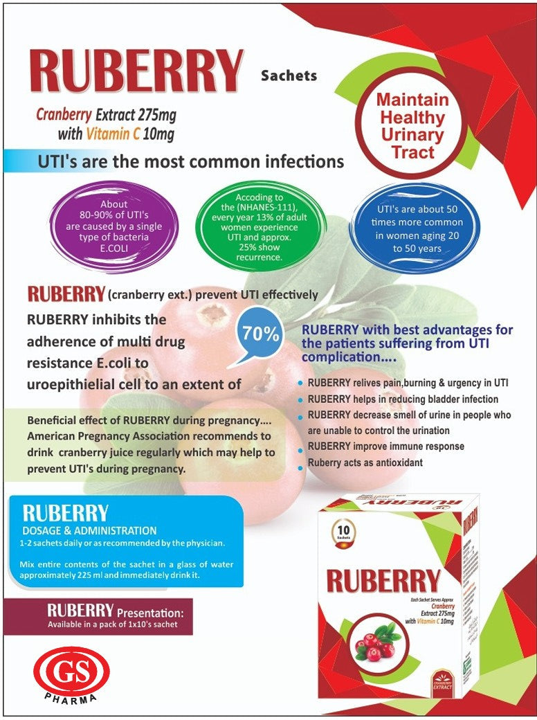 Ruberry Sachet brochure — UTI prevention and urinary health benefits